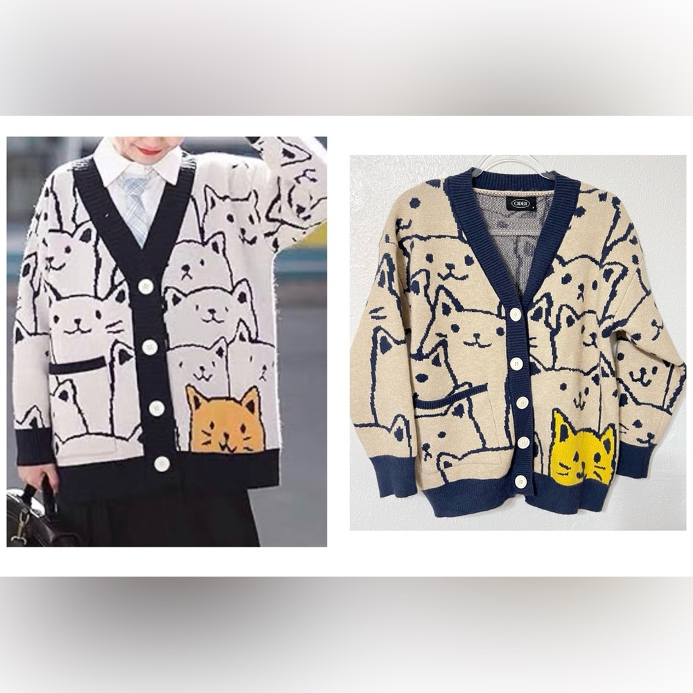 Cider Cat Cardigan Sweater Cream Knit Button Unisex Sweater Retro Artsy Vintage
